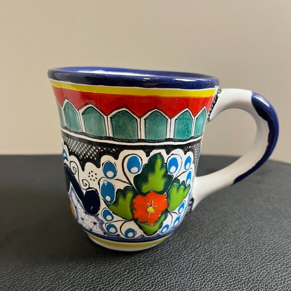 Pue Mex Painted Mexico Style Mug Blue Floral - Picture 1 of 6